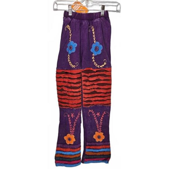 K.P.C. Colorful Handmade Purple Bohemian Floral Embroidered Pants Small - Picture 1 of 10
